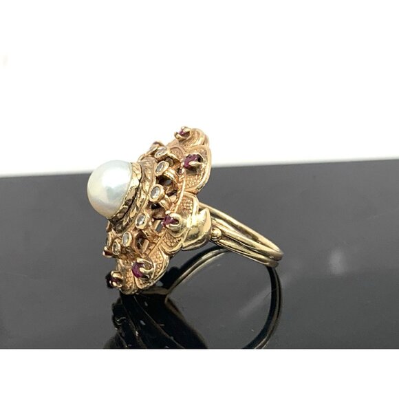 Pearl Ruby Diamond Women's Cocktail Ring 14k Yellow Gold Vintage Estate Size 5.5 - Picture 2 of 14